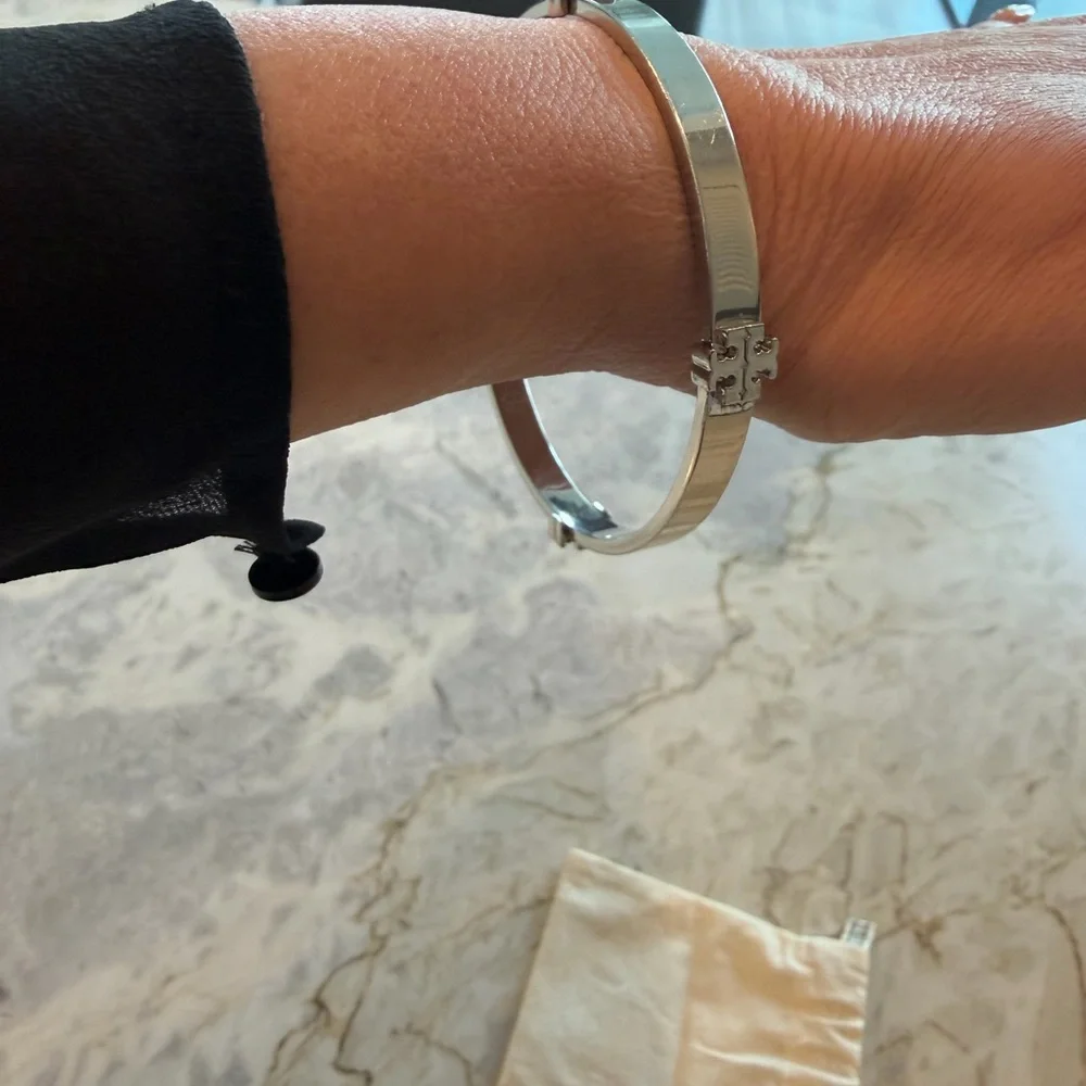 Tory Burch Silver-Tone Double-T Hinged Bracelet